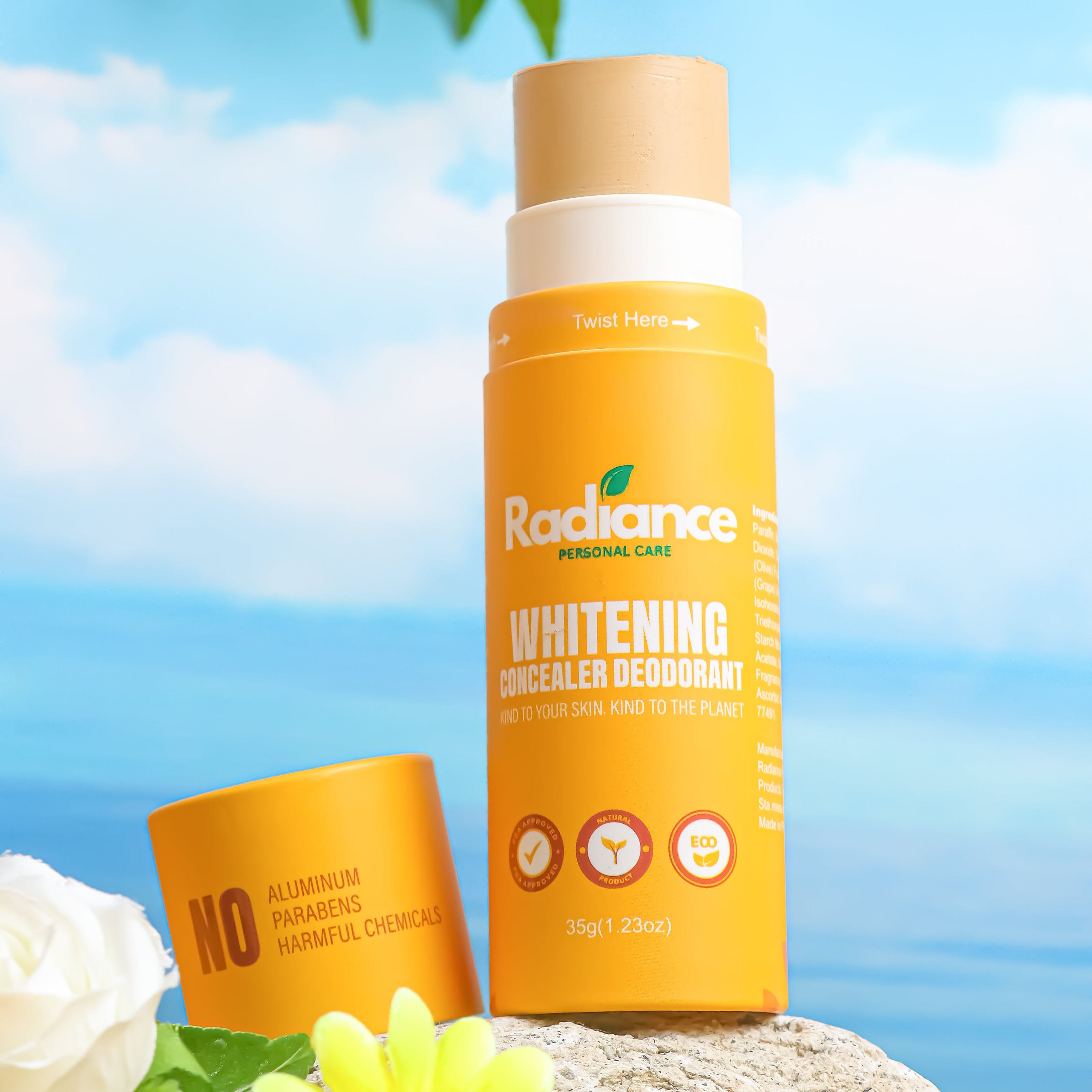 Radiance whitening concealer deodorant bottle with a beach background